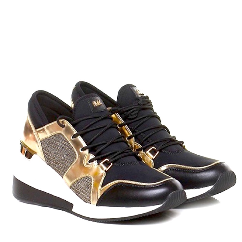 Michael Kors Size 9 Black Neoprene and Gold Metallic Platform Wedge Sneakers